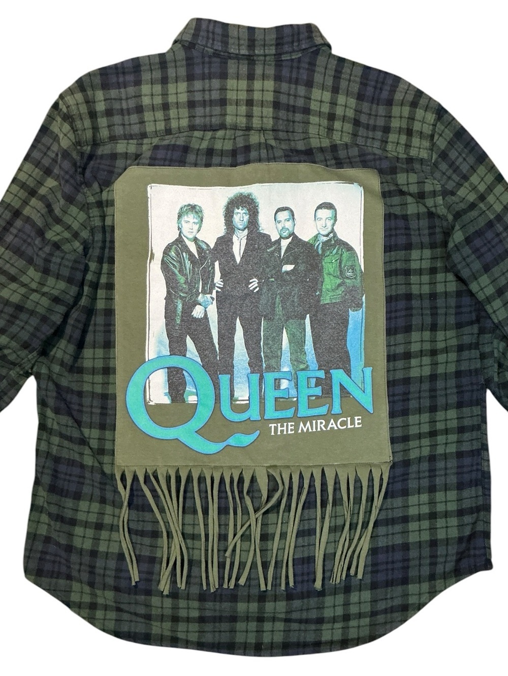 Queen Upcycled Band T Shirt Flannel Freddie Mercury Fringe Grunge - Picture 1 of 10